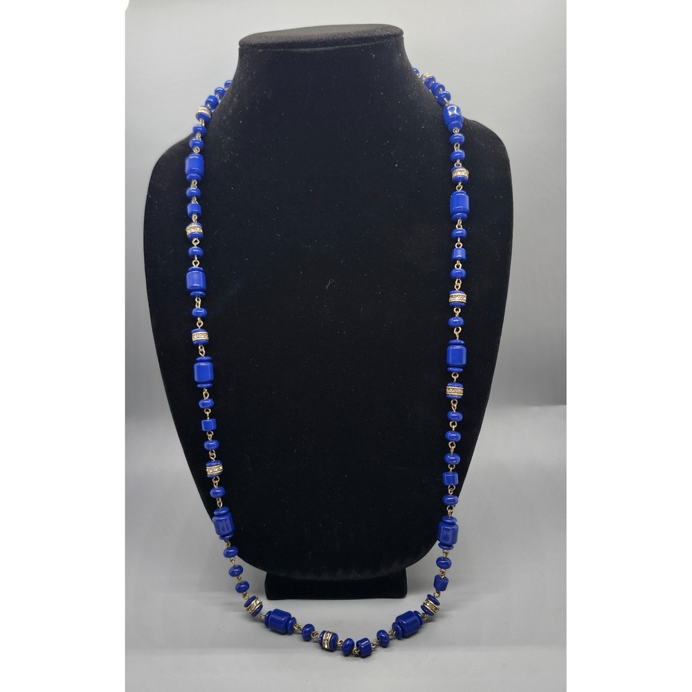 J.Crew‎ Royal Blue Bead Station Necklace Gold Tone Rhinestone Long Layering